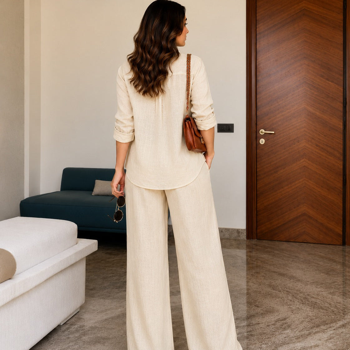 🌿🌿Beige Linen Co-Ord Set for Women | Relaxed Fit Shirt & Wide Leg Pants