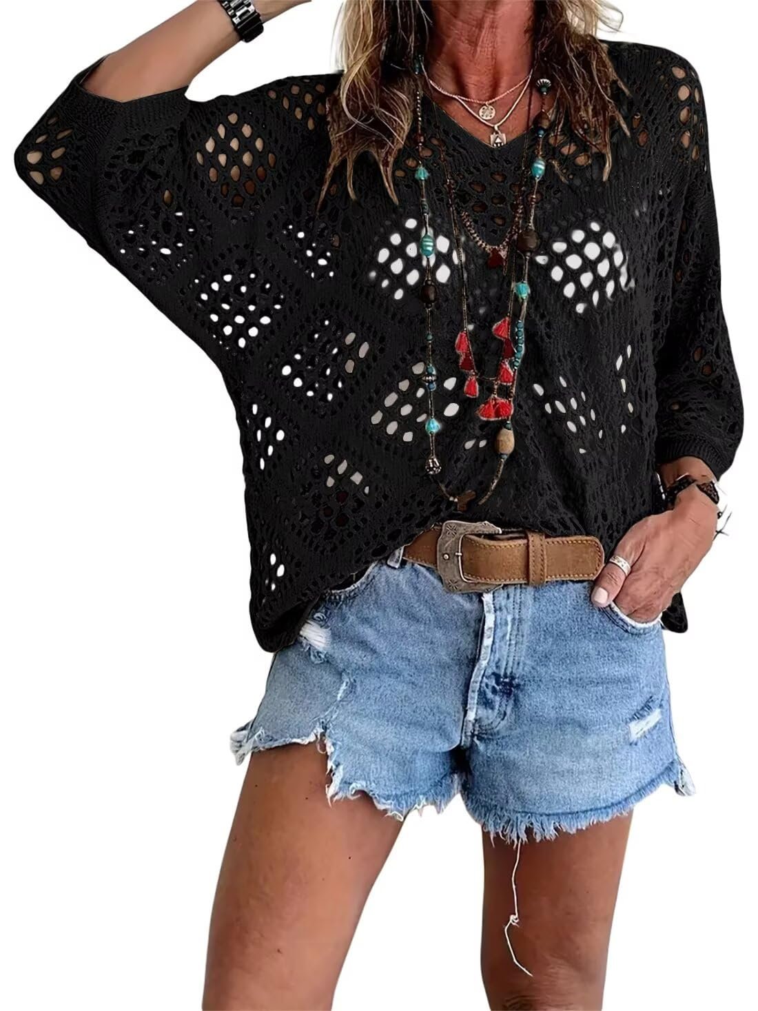 Limited time sale🔥Womens Bohemian-Inspired Beige Crochet Top with V-Neck