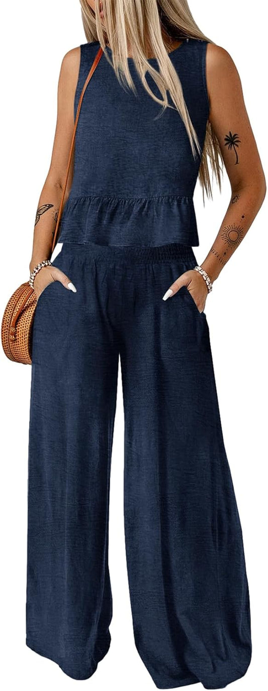 🔥🔥🔥49.98% OFF NOW! ✨Pants Sets Women 2 Piece Outfits Sleeveless Round Neck Tank Tops Matching Sets for Women Elastic Waist Wide Leg