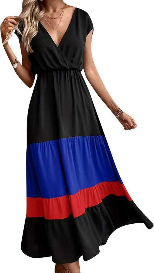 GRASWE Women Party Color Block Dress High Waist Short Sleeve Maxi V Neck Dress Casual Ruched Ruffle Hem Dress