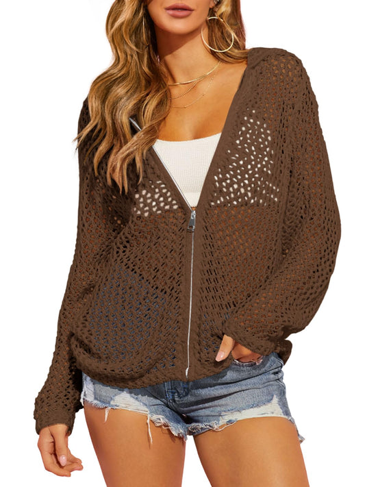 🔥🔥🔥Hot Sale 36% OFF2026 Womens Crochet Lightweight Cardigans Zip Up Hooded Cover Up