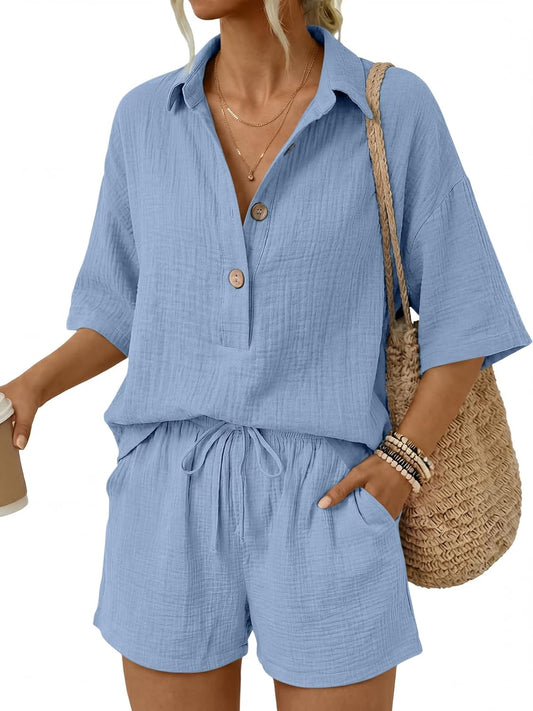 🔥🔥Time-Limited Special Price: $46.99!!⏰Women 2 Piece Linen Short Sets 2026 Summer Vacation V Neck Short Sleeve Beach Outfits Oversized Button Cotton Pjs