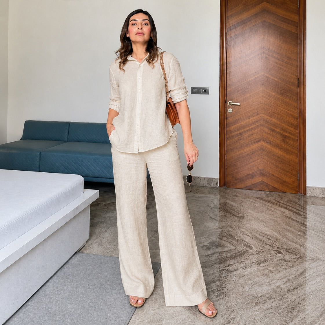 🌿🌿Beige Linen Co-Ord Set for Women | Relaxed Fit Shirt & Wide Leg Pants