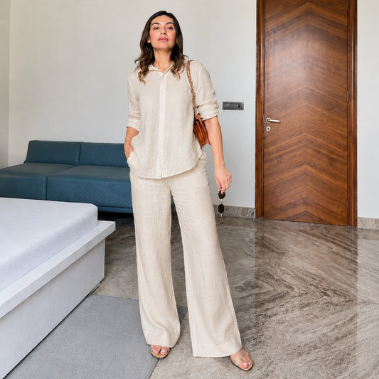🌿🌿Beige Linen Co-Ord Set for Women | Relaxed Fit Shirt & Wide Leg Pants