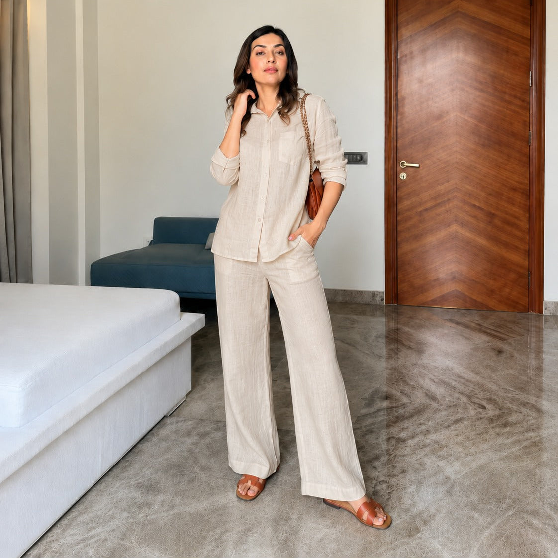 🌿🌿Beige Linen Co-Ord Set for Women | Relaxed Fit Shirt & Wide Leg Pants