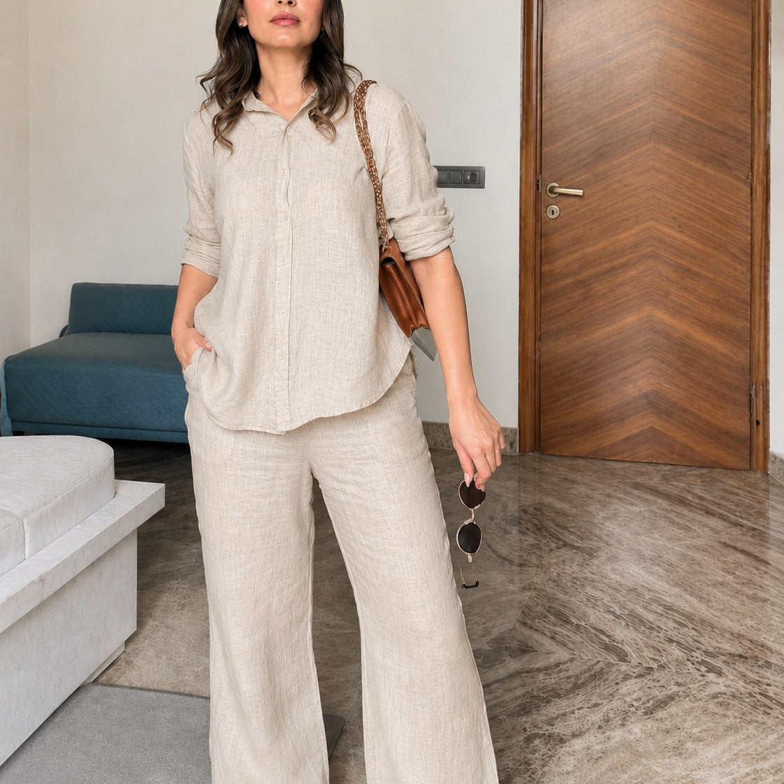 🌿🌿Beige Linen Co-Ord Set for Women | Relaxed Fit Shirt & Wide Leg Pants