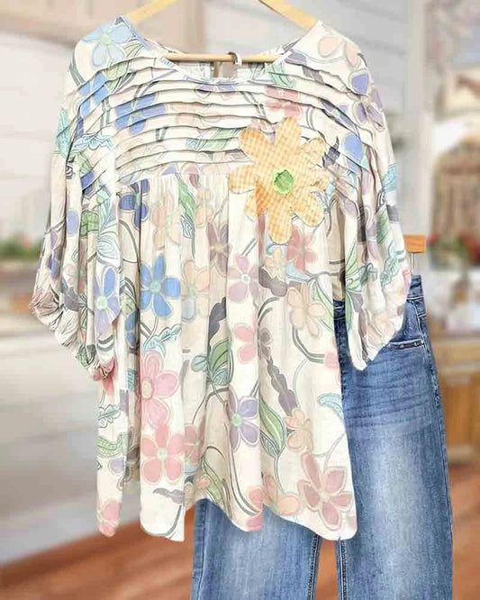 🔥🔥🔥Hot Sale 50% OFF Applique & Floral Print Pleated Detail Rocking Blouse