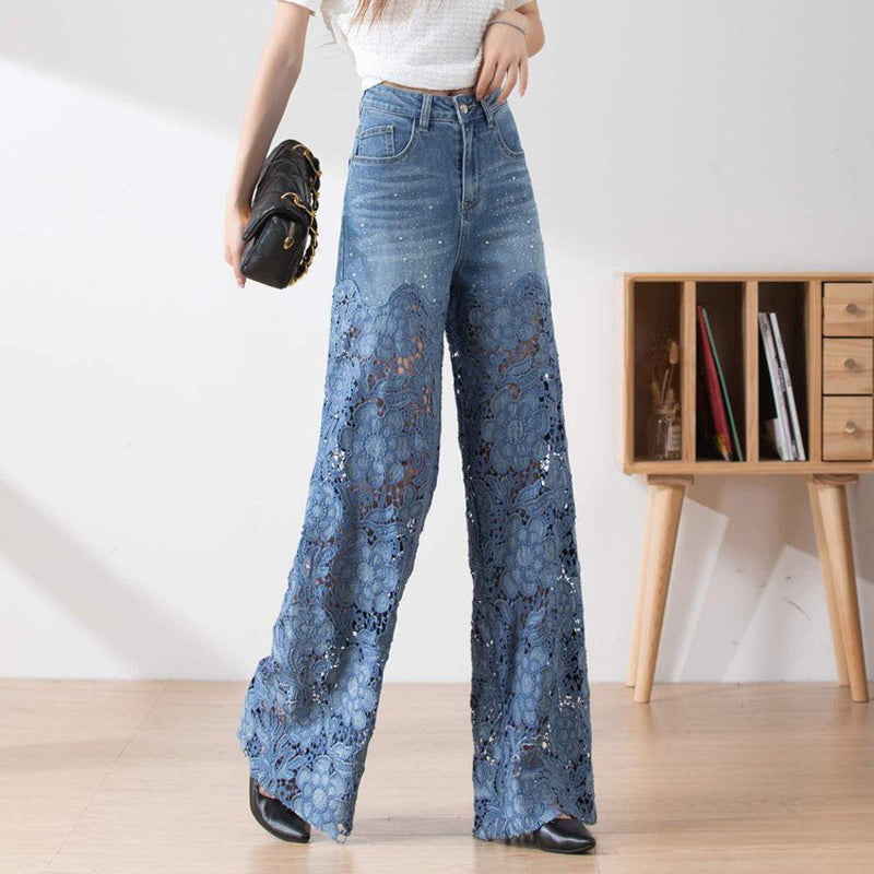 🔥 Summer Sale 49% Off Women's High-Waisted Blue Denim Wide-Leg Pants (Hollow-out Lace Panels)
