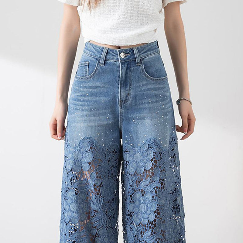 🔥 Summer Sale 49% Off Women's High-Waisted Blue Denim Wide-Leg Pants (Hollow-out Lace Panels)